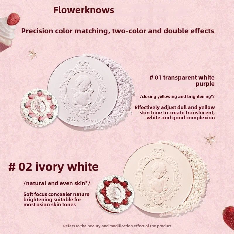 Flower Knows Strawberry Cupid Collection Pressed Powder Mineral Makeup Powder Foundation With Concealer & Finishing Vegan - Image 4