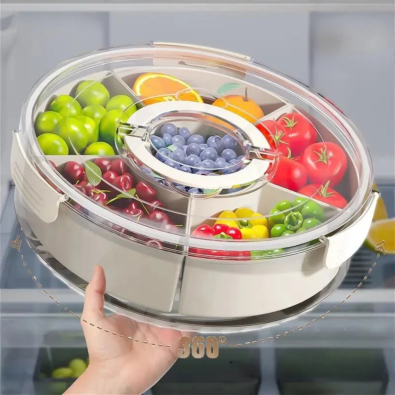 Fruit Tray Six Grids Multi Compartment Round Snack Box with Lid Handle for Home Organization Clear Divided Rotating Serving Tray - Image 1