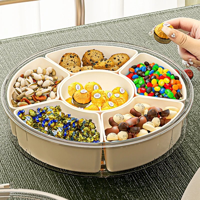 Fruit Tray Six Grids Multi Compartment Round Snack Box with Lid Handle for Home Organization Clear Divided Rotating Serving Tray - Image 2