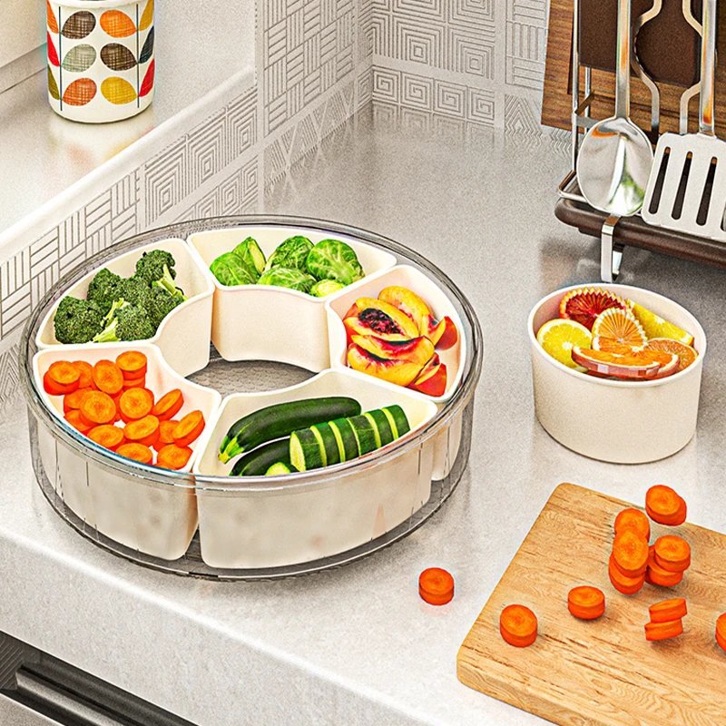 Fruit Tray Six Grids Multi Compartment Round Snack Box with Lid Handle for Home Organization Clear Divided Rotating Serving Tray - Image 3
