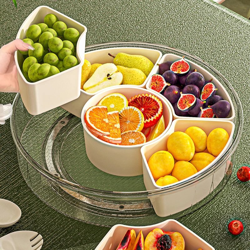 Fruit Tray Six Grids Multi Compartment Round Snack Box with Lid Handle for Home Organization Clear Divided Rotating Serving Tray - Image 4